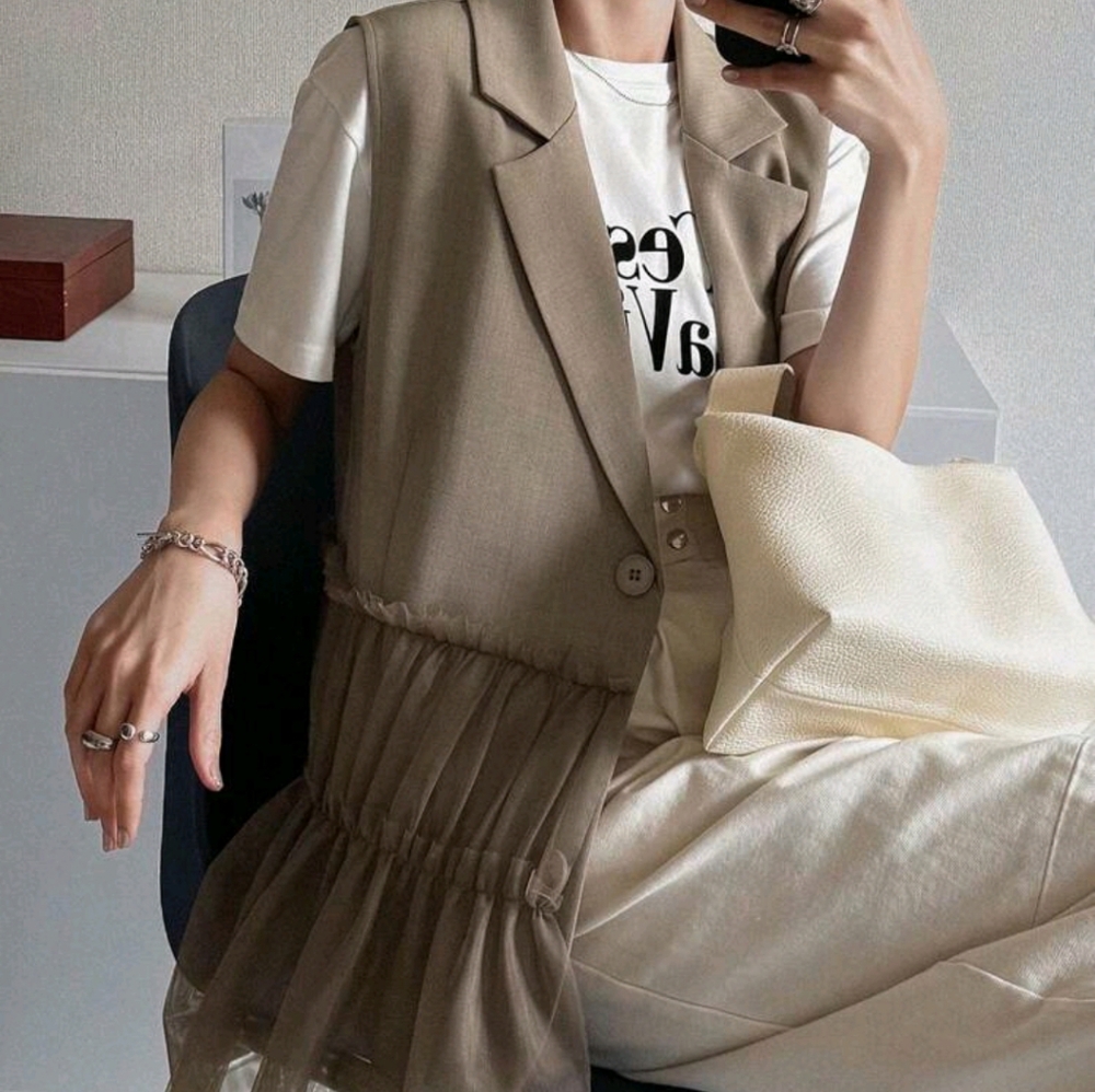 Women Khaki Mesh Patchwork Blazer Jacket, Elegant Office Lady Business Casual